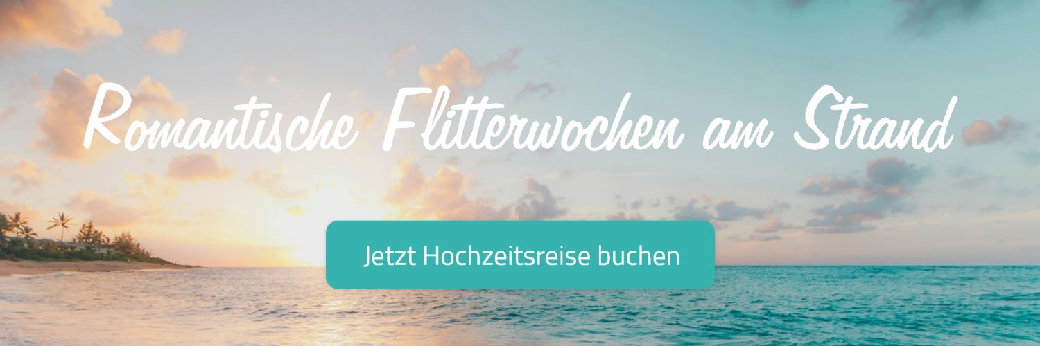 Werbebanner für Flitterwochen mit Button "Jetzt Hochzeitsreise buchen"