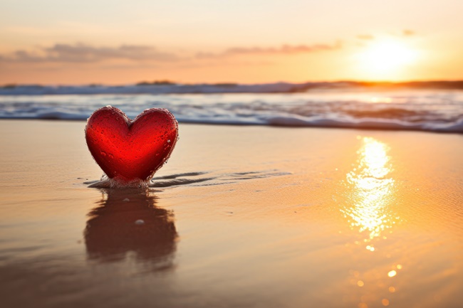 Ein Glasherz im Sand an einem Strand am Meer, ein Sonnenuntergang im Hintergrund